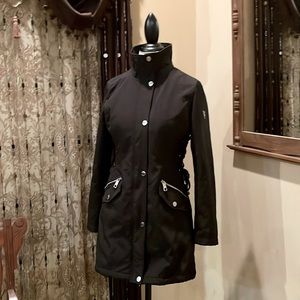 •S• GUESS Car Coat/Jacket Black Zip/Snap Front wCorset faux Leather laced sides